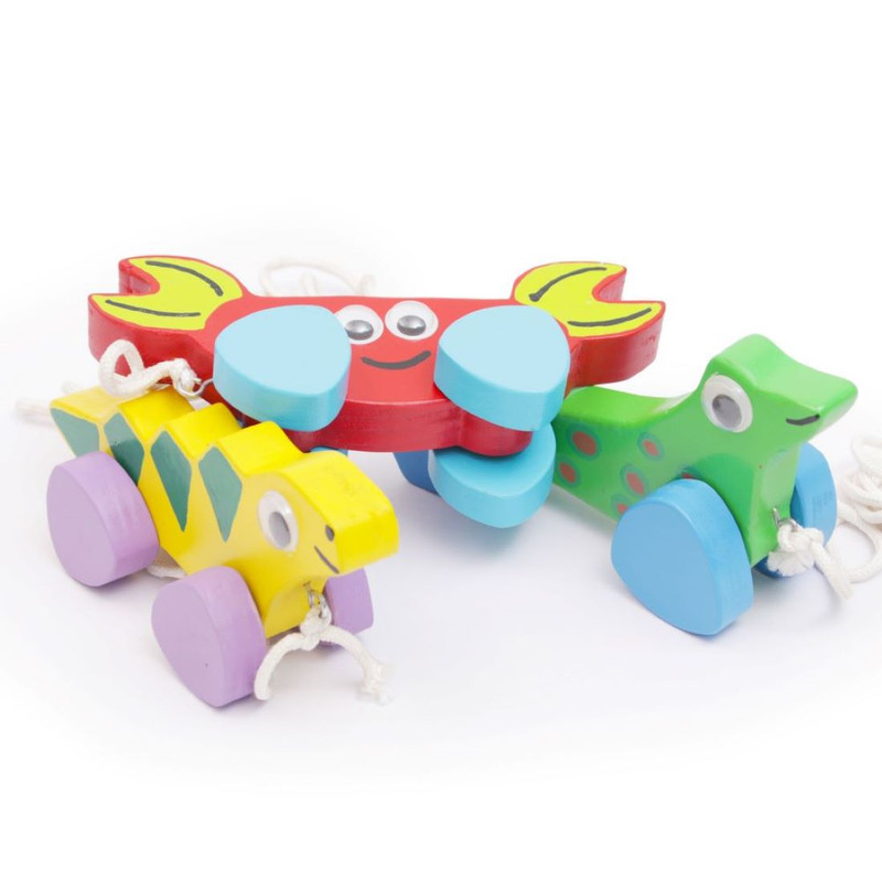 Wooden Pull Along & Push toy - Sea AnimalÃ¢ÂÂs Combo set (CRAB, SEA LION, IGUANA). Large Size (Red, Green, Yellow) (Pack Of 3)