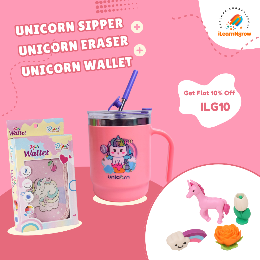 ilearnngrow Unicorn Sipper + Unicorn Eraser + Unicorn Wallet Combo Set