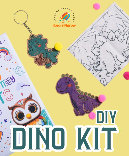 iLearnNGrow Dino Rakhi Combo-DIY Dinosaur Painting Kit with Dino Keychain, Fridge Magnet, Canvas Painting & Dino Rakhi