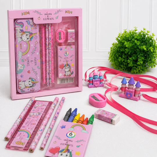 iLearnNGrow Unicorn Theme Stationery Rakhi Combo-Unicorn Pencil Box Set with Castle Rakhi for Kids