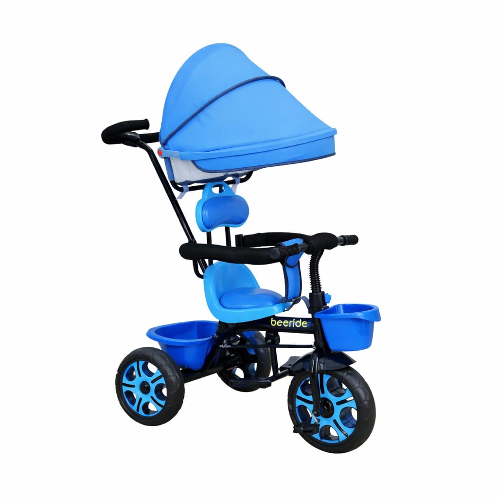Beeride Kids Tricycle with Comfortable Cushion Seat & Wheel Brakes|Rotating Seat Tricycle for Boys & Girls (Age 2-5 Years)|Safe Ride with Storage Basket & Push Handle (Blue)