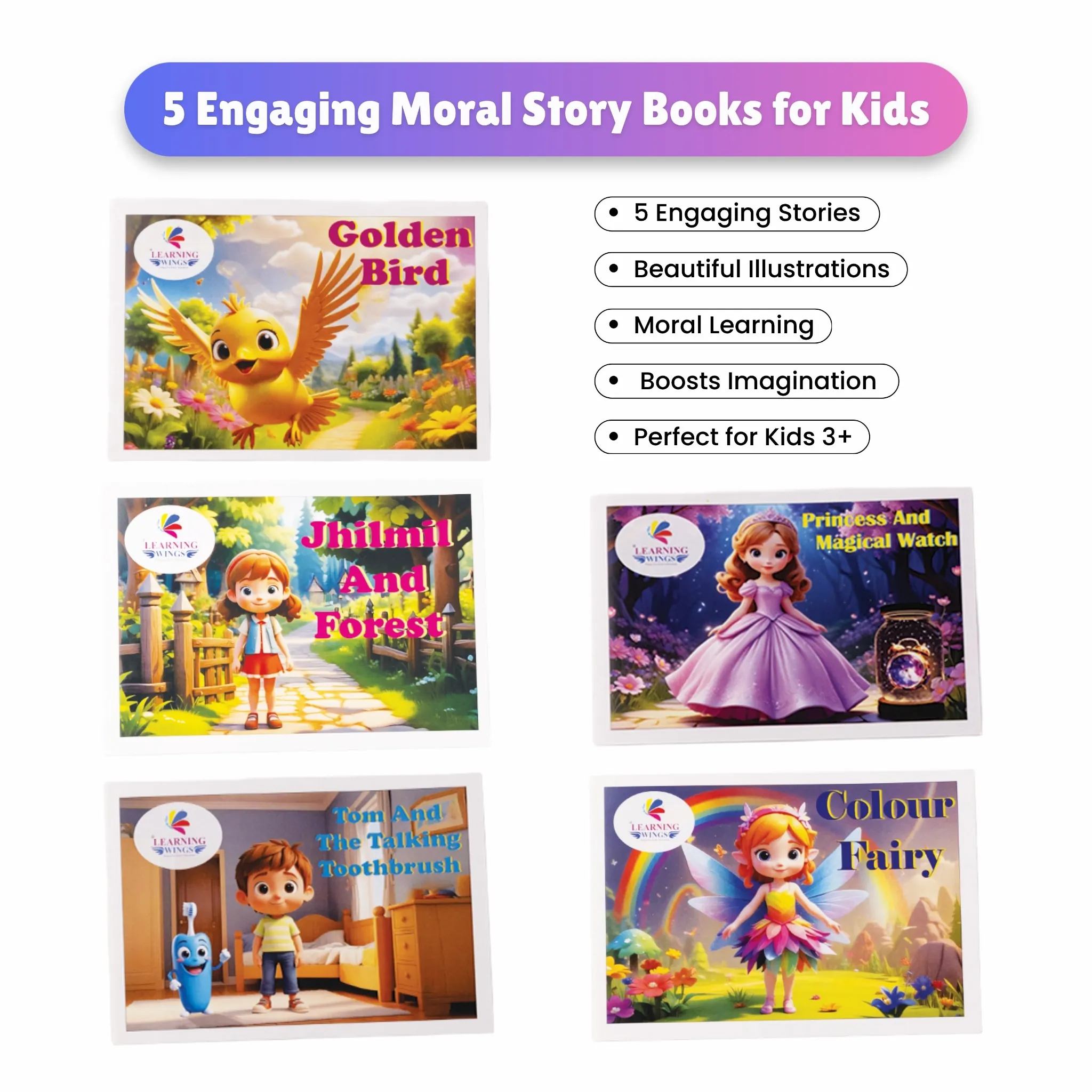 Learning Wings Children's Story Books Set of 5 | Princess and Magical Watch, Colour Fairy, Golden Bird & More | Moral & Bedtime Stories for Kids 3-8 Years (Set of 5)