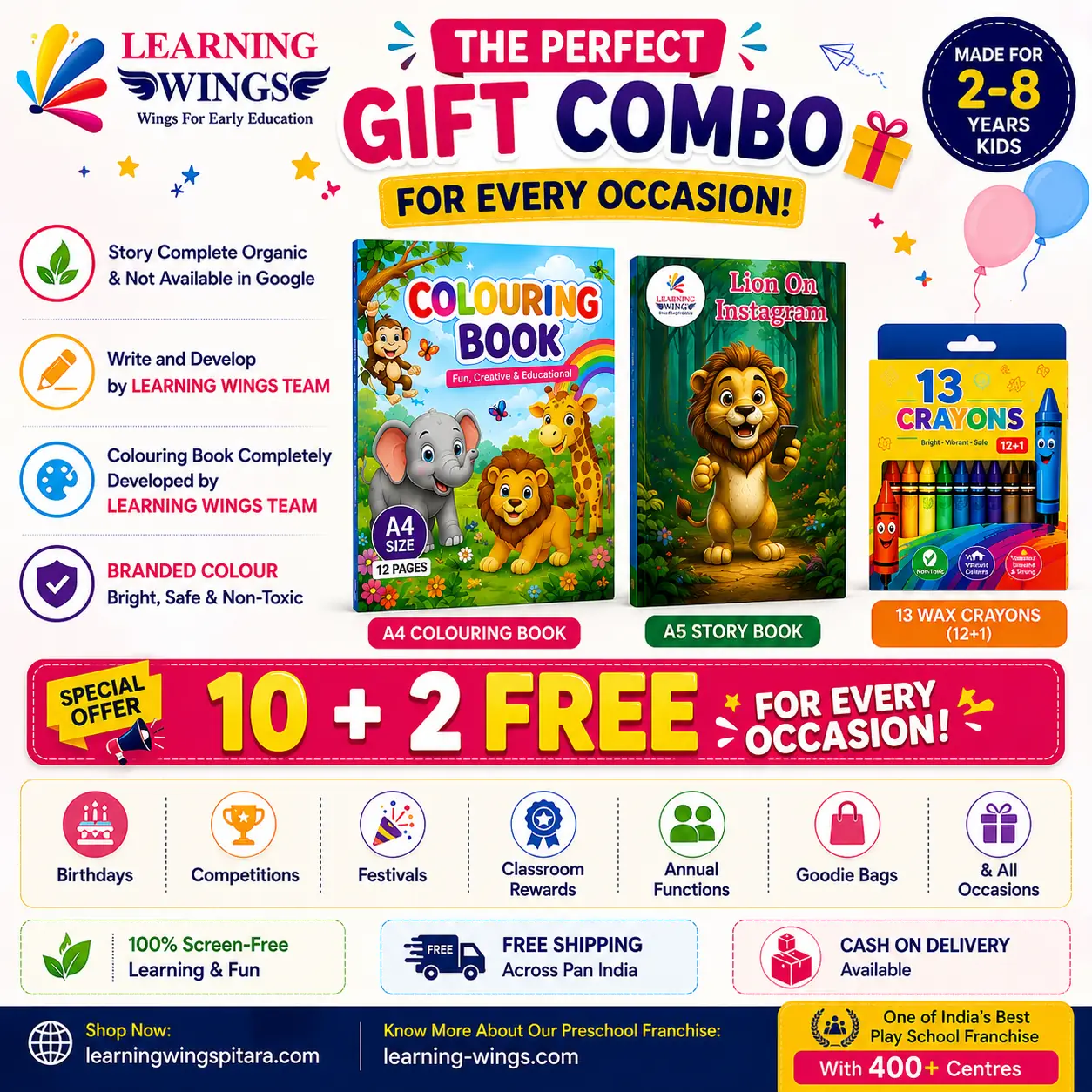 Learning Wings Kids Colouring Book Combo - Colouring Book + Story Book +13 Crayons | Best Return Gift for Kids Age 2-8