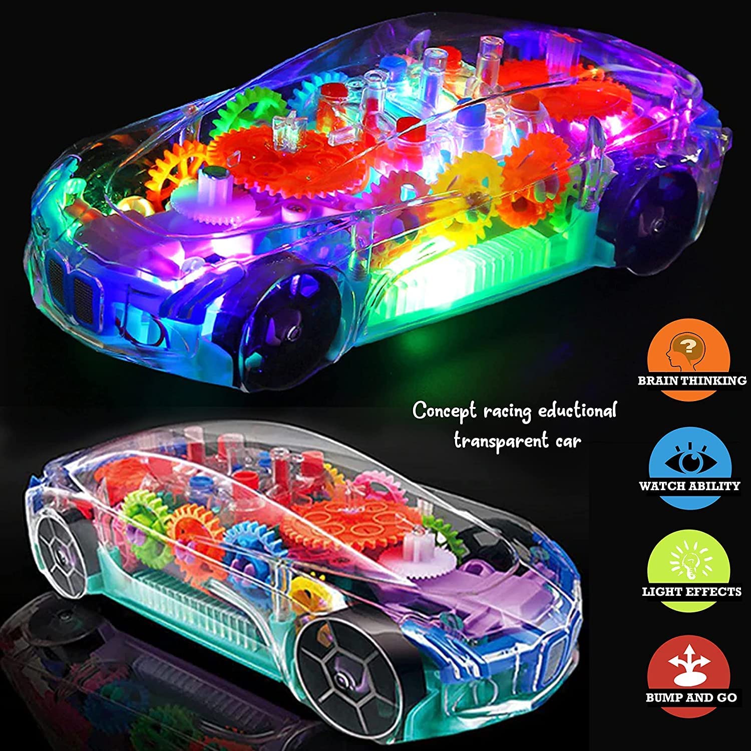 Toyfinity Racing Car Musical Toys 360 Degrees Rotating Transparent Concept Racing Car with Music & 3D Flashing Lights for Kids Toy for 2-5 Year Kids (Pack of 1)