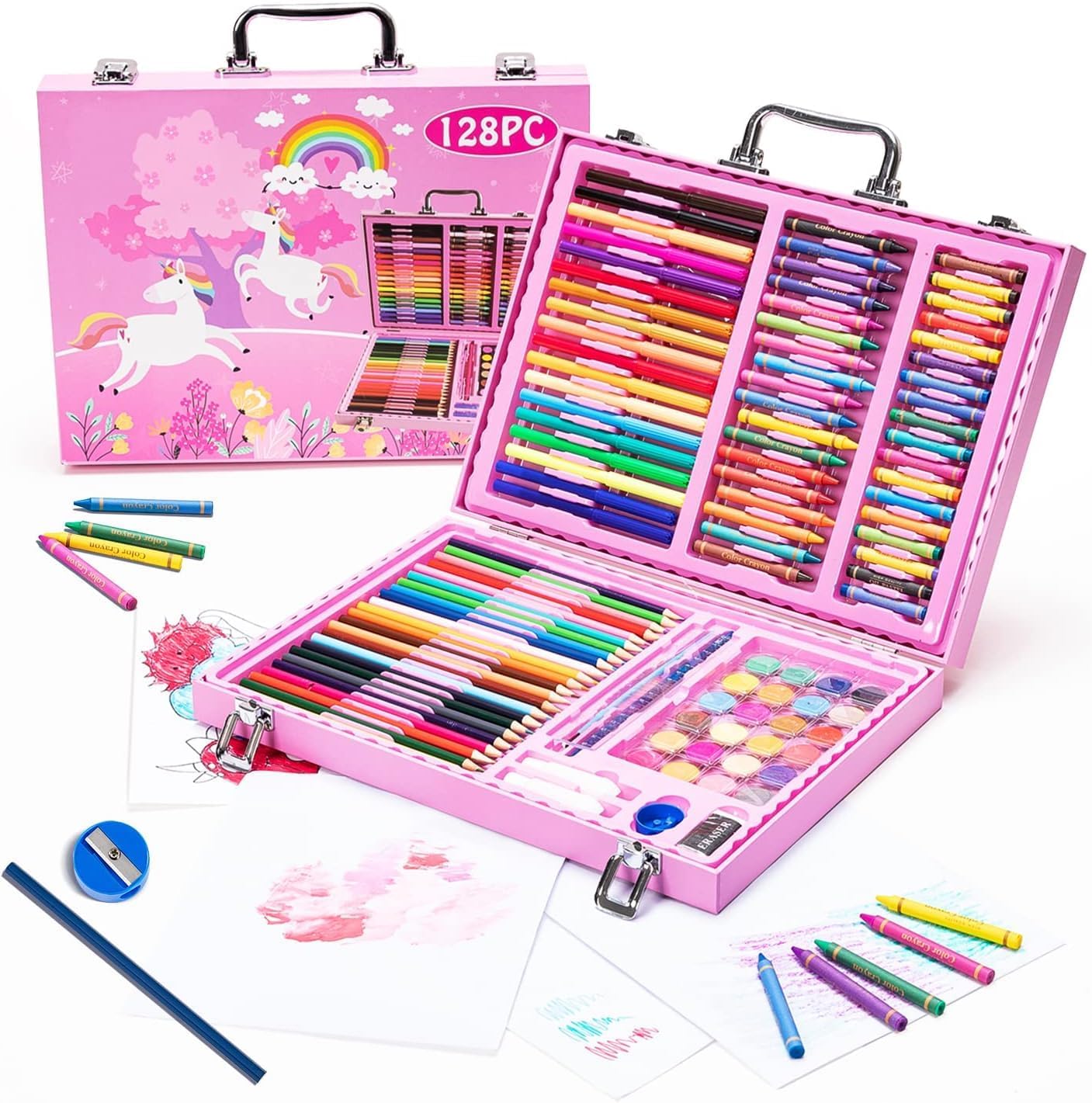 Toyfinity Toyfinity Pink 128-Piece Painting Set in Portable Briefcase for Kids and Adults - Markers, Chalks, Pencils, Paints (Assorted Print and Colour)