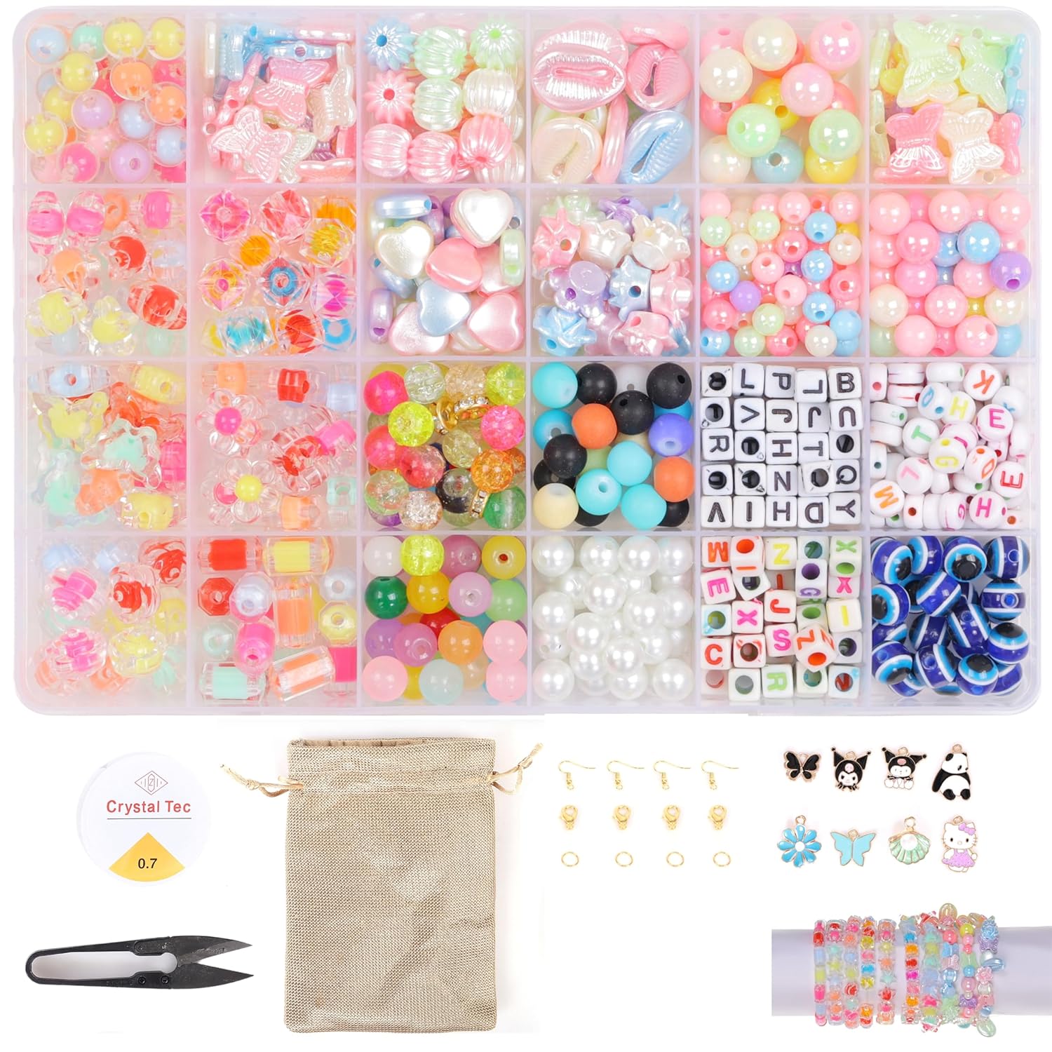 Ambitieux Children Jewelry Making Craft Bracelet Kits set for Kids - DIY 24 Compartment Box, 700+ Colorful Beads, Ear Hangings, Lobster Locks & Rings, 8 Pcs of Charms With Accessories (Double Beads 2)